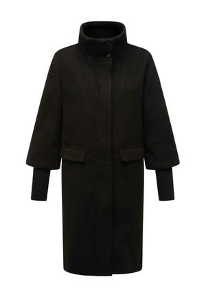 Cappotto di lana nera con colletto alto, chiusura con bottoni, due tasche frontali e maniche larghe con polsini a coste. Texture liscia, design lungo fino al ginocchio.