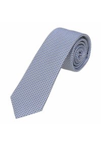 Blau-weiße gemusterte Krawatte aus glattem Stoff mit einem geometrischen Gitterdesign. Die Krawatte ist gerollt und zeigt ihre Breite und Form.