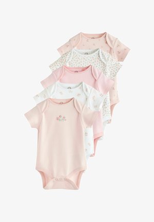 Set de cinci body-uri pentru bebeluși în roz, alb și albastru. Prezintă imprimeuri florale, dungi și un design floral brodat. Material din bumbac moale.