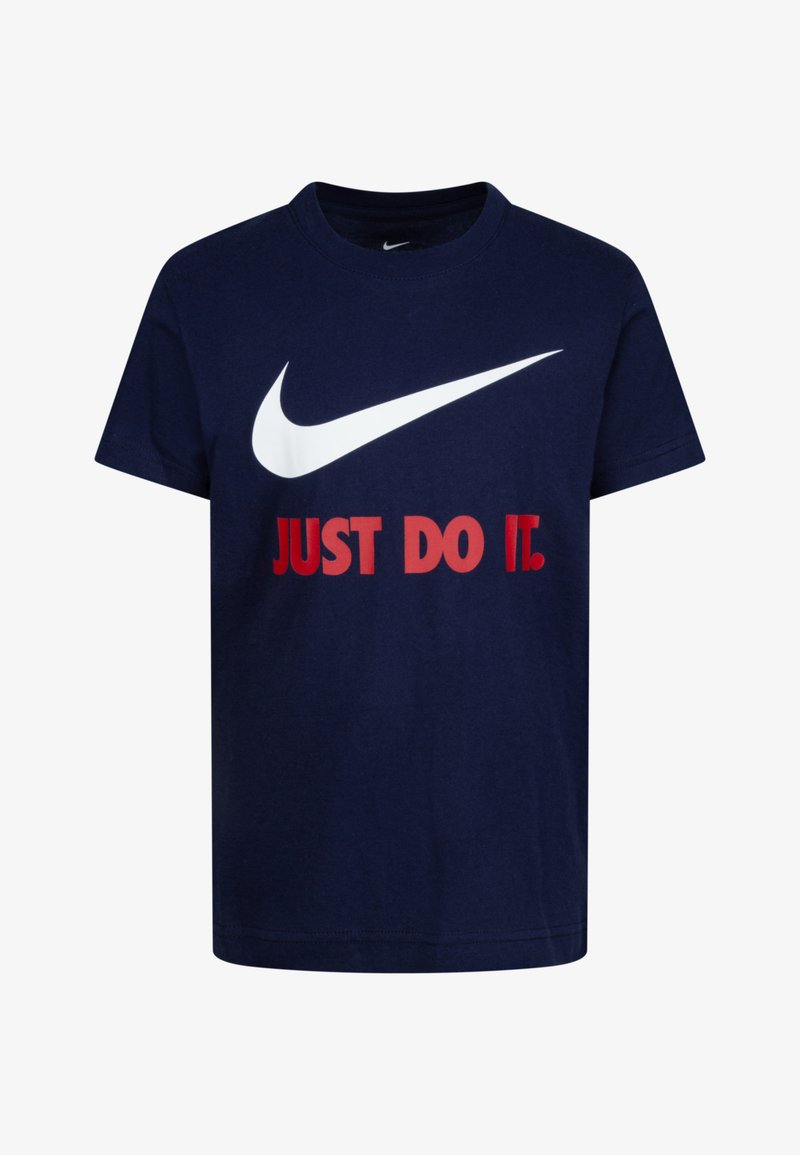 Navy blue cotton t-shirt featuring a large white Nike logo and the text "JUST DO IT" in bold red letters below the logo.