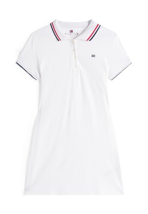 Valge puuvillane polo kleit, millel on ribakrae punaste ja siniste triipudega, lühikesed varrukad ja viie nupu rida.