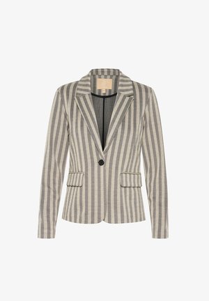 Csíkos blézer bézs és szürke árnyalatokban, sálgallérral, egygombos záródással, két elülső zsebbel és texturált anyaggal.