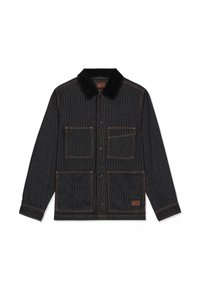 Veste à fines rayures noires avec col noir, quatre poches plaquées à l'avant, fermeture par boutons et écusson logo orange sur la poche inférieure droite.