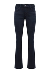 Dark denim flared jeans with a mid-rise waist, featuring five pockets, a button closure, and subtle fading for texture.
