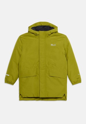 Grüne Winterjacke mit Kapuze, Frontklapptaschen, elastischen Bündchen und sichtbarem Markenlogo auf Brust und Ärmel.