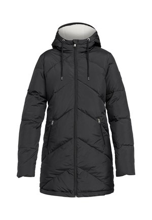 Black puffer coat with a hood, featuring a zip closure, two front pockets, and a chevron quilted pattern. Made of a smooth, insulated fabric.