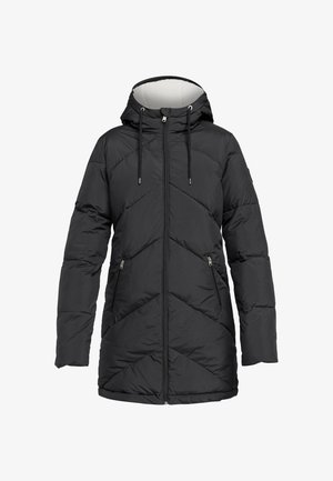 Schwarze Pufferjacke mit Kapuze, ausgestattet mit einem Reißverschluss, zwei Fronttaschen und einem gestreiften Steppmuster. Hergestellt aus einem glatten, isolierten Stoff.