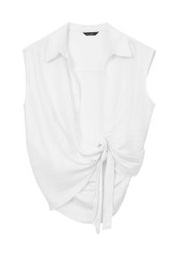 Top bianco senza maniche con colletto e dettaglio a nodo sul davanti, caratterizzato da una texture liscia e una silhouette morbida e drappeggiata.