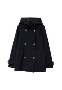 Cappotto in misto lana di colore blu navy con cappuccio, chiusura doppiopetto con bottoni dorati, due tasche frontali e maniche arrotolate. Texture liscia.
