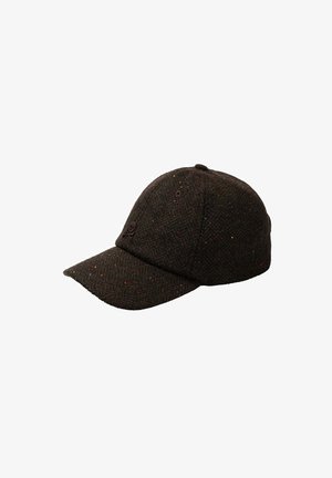 Gorra de espiga en tela marrón oscuro con motas de colores. Presenta un ala curvada y un pequeño logo bordado en la parte delantera.