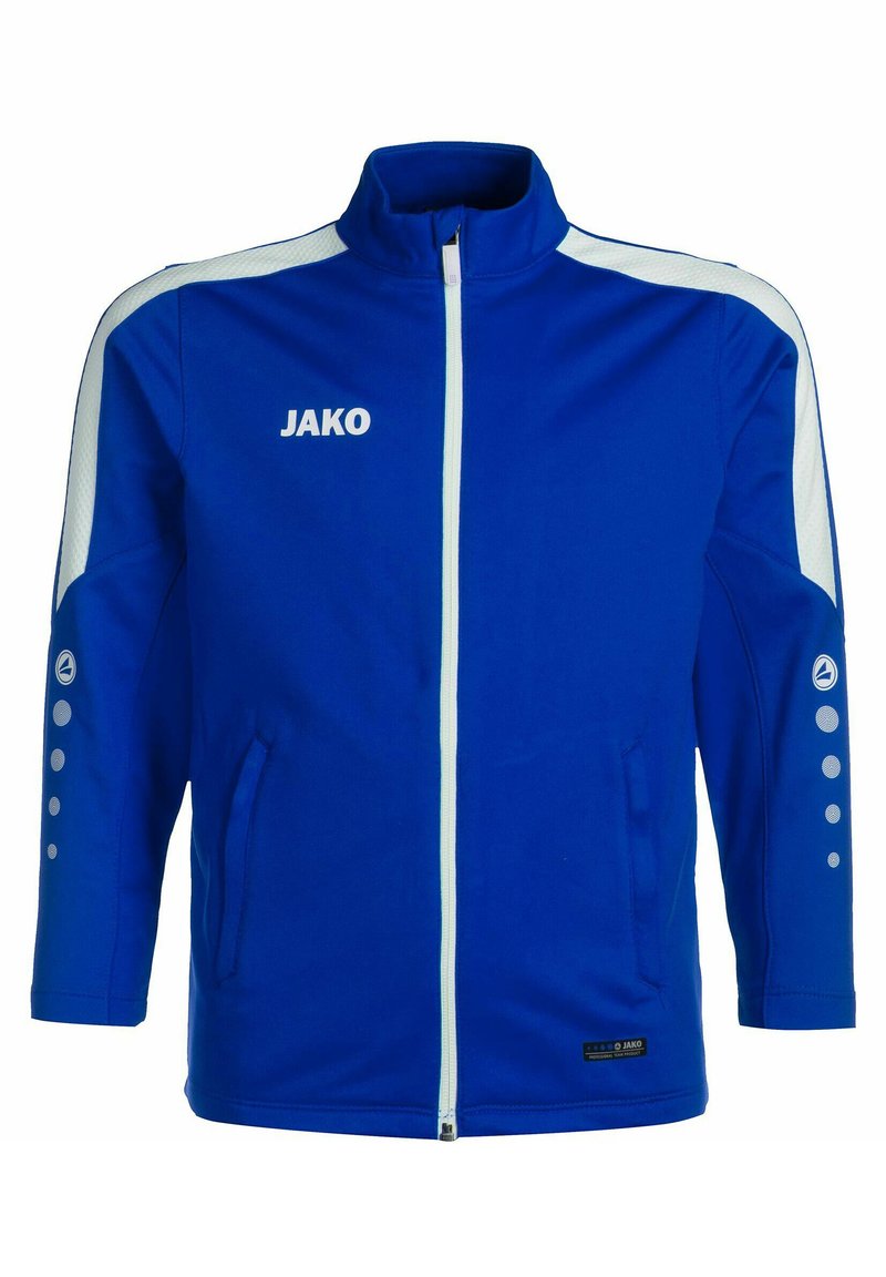 Giacca sportiva blu con collo alto, dettagli bianchi sulle maniche, chiusura con zip e tasche laterali; presenta il logo "JAKO" sul petto.