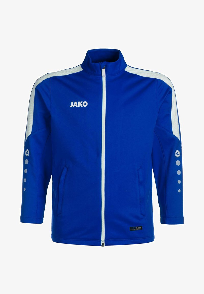 Veste de sport bleue avec un col haut, accents blancs sur les manches, fermeture éclair et poches latérales ; comporte le logo "JAKO" sur la poitrine.