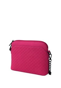 Hot pink, quilted fabric pouch with a zip closure, a textured surface, and a black chain strap attachment. Compact rectangular shape.