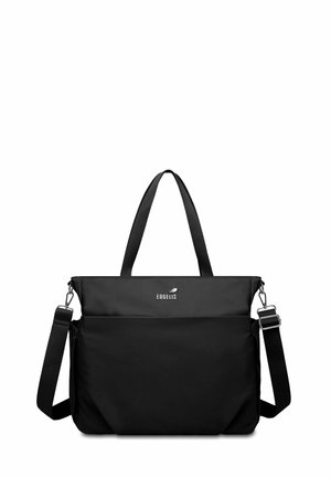 Black tote bag made of soft nylon. Features two handles, a detachable shoulder strap, and a front zip pocket. Minimalist design, no patterns.