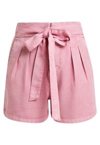 Różowe szorty wykonane z lekkiego materiału. Posiadają wiązanie w talii, zakładki oraz luźny krój. Gładka tekstura z przeszyciami akcentującymi.