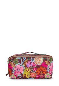 Bloemige cosmeticatas in levendige kleuren met een verscheidenheid aan bloemen en een gouden accent. Gemaakt van duurzaam stof met een ritsluiting.