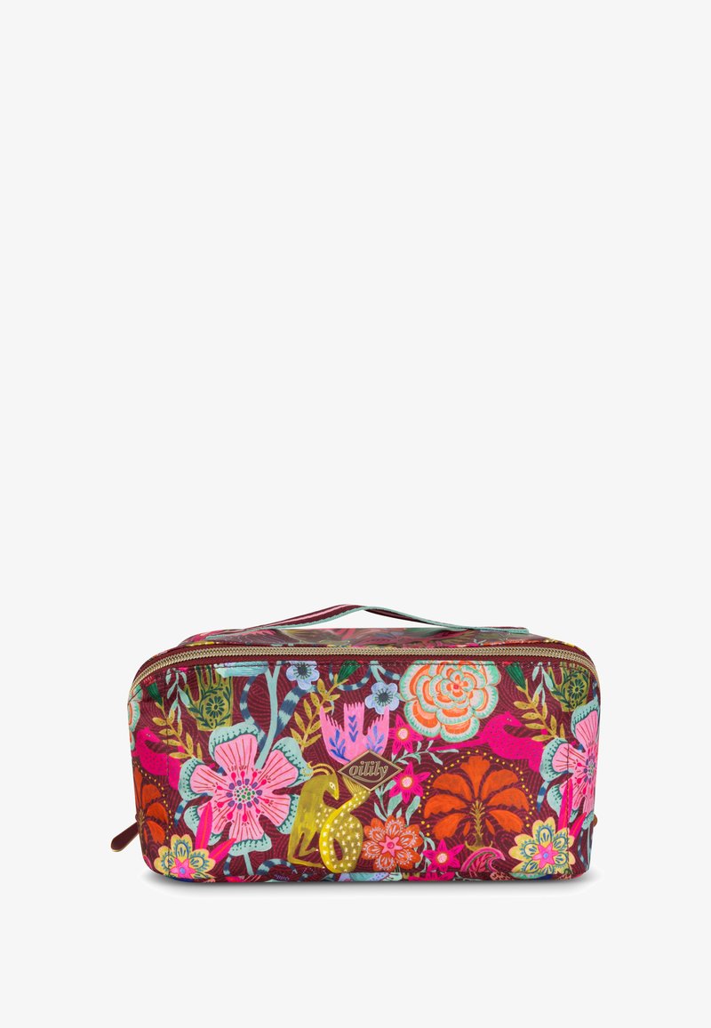 Bloemige cosmeticatas in levendige kleuren met een verscheidenheid aan bloemen en een gouden accent. Gemaakt van duurzaam stof met een ritsluiting.