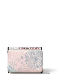 Portafoglio compatto con esterno in pelle rosa, decorato con disegni intricati blu e neri, chiusura zip e superficie liscia.