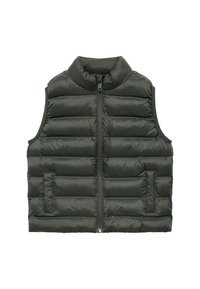 Tmavosivá prešívaná vesta so stojatým golierom, predným zipsom a horizontálnym prešívaním. Obsahuje bočné vrecká a má ľahkú textúru.