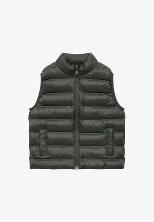 Czarna szara kurtka puchowa z kołnierzem stojącym, zamek z przodu i poziomym pikowaniem. Posiada boczne kieszenie i lekką teksturę.