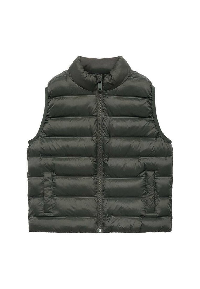Tmavosivá prešívaná vesta so stojatým golierom, predným zipsom a horizontálnym prešívaním. Obsahuje bočné vrecká a má ľahkú textúru.