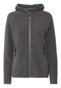 Sudadera con cremallera de felpa gris, con capucha, dos bolsillos laterales con cremallera y cremallera plateada en contraste. Textura suave, diseño casual.