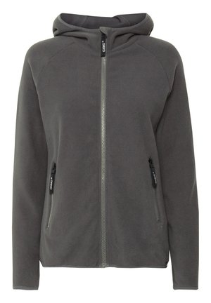 Pilkas flisinis zip-up bliuzonas su kapišonu, dviem užtraukiamomis šoninėmis kišenėmis ir kontrastingu sidabriniu užtrauktuku. Minkšta tekstūra, laisvalaikio dizainas.