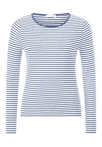 Dugi rukav majica s bijelim i tamnoplavi horizontalnim prugama, napravljena od rebraste tkanine. Ima okrugli izrez i slim-fit dizajn.