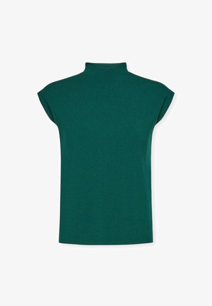 Zielona bluzka z krótkimi rękawami w stylu mock neck. Wykonana z miękkiego, fakturowanego materiału. Charakteryzuje się prostym, eleganckim krojem bez wzorów i zdobień.