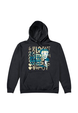 Czarna bluza z kapturem z przednią kieszenią. Posiada graficzny wzór przedstawiający Betty Boop z tekstem w różnych kolorach, w tym niebieskim i kremowym.