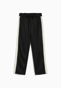 Black athletic pants with a loose fit, featuring white side stripes, an elastic waistband with drawstring, and side pockets. Smooth fabric texture.