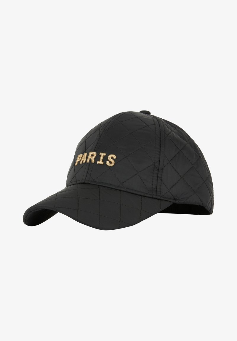 Casquette de baseball noire matelassée avec une visière incurvée et le mot "PARIS" brodé en or sur le panneau avant.