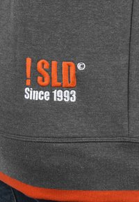 Sweat-shirt gris avec un bold texte brodé orange, "! SLD ©" et "Depuis 1993," avec un ourlet côtelé orange contrastant.