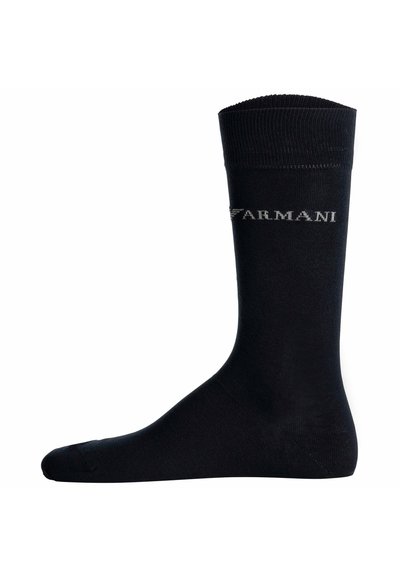 Svarta bomull crew-strumpor med ribbat topp, med logotypen "Armani" i grått på sidan. Slät textur och klassisk design.