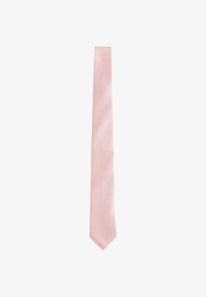Cravate rose clair avec une finition satinée lisse et un subtil motif en diagonale ; extrémité conique et largeur uniforme sur toute la longueur.