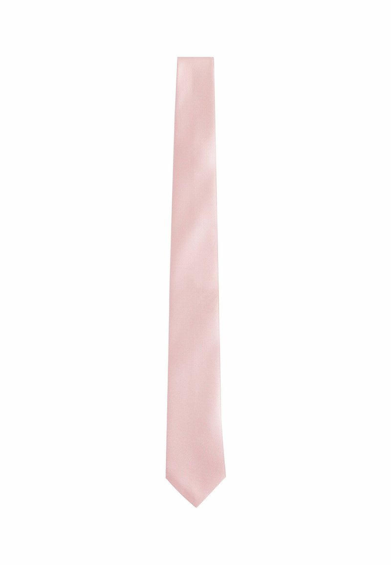 Heller rosa Krawatte mit glattem Satin-Finish und subtilem schrägem Rippmuster; verjüngtes Ende und einheitliche Breite über die gesamte Länge.