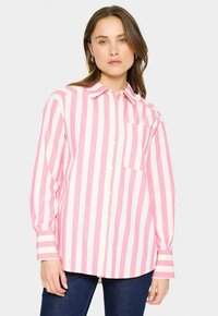 Pink and white striped button-up shirt with a collar, long sleeves, and a chest pocket, made of lightweight fabric.