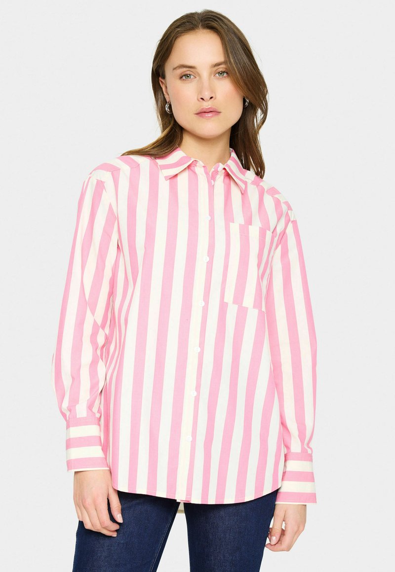 Pink and white striped button-up shirt with a collar, long sleeves, and a chest pocket, made of lightweight fabric.