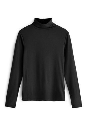 Crni dolugi rukav turtleneck majica izrađena od rebrastog materijala, sa pripijenim krojem i visokim okovratnikom, ravno krojenim rukavima i rubom.