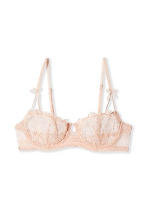 Przezroczysty, jasnopomarańczowy biustonosz z koronki z kwiatowym haftem, miseczki z fiszbinami, cienkie, regulowane ramiączka oraz mały otwór na środku przodu.