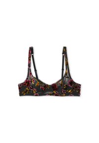 Zwarte kanten bralette met bloemenprint in rood en geel, gegolfde randen en verstelbare bandjes. Zacht, doorschijnend materiaal.