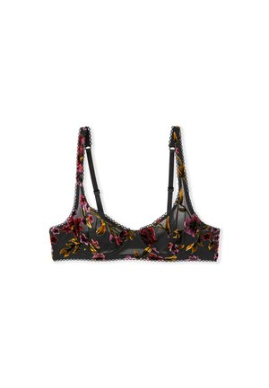 Brassière en dentelle florale noire avec motifs de fleurs rouges et jaunes, bords festonnés et bretelles ajustables. Matériau doux et transparent.