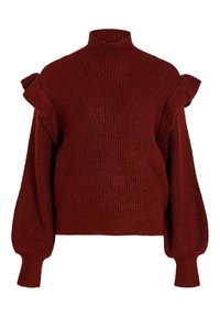 Burgunderfarbener Strickpullover mit hohem Kragen, Rüschendetails an den Schultern, langen Ballonärmeln sowie gerippten Bündchen und Saum.