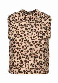 Top senza maniche in maglia a coste beige con stampato leopardato nero. Caratterizzato da un collo arricciato e una vestibilità leggermente rilassata.