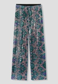 Pantalons larges à sequins avec des motifs verts, violets et argentés, dotés d'une taille élastique noire. Texture lisse avec une surface brillante.