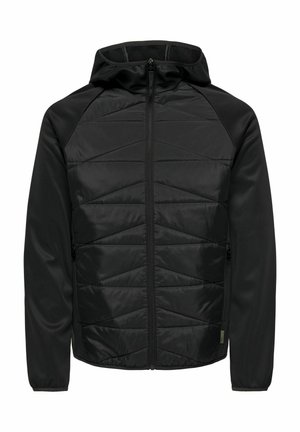 Chaqueta negra con cierre frontal, capucha y diseño acolchado en el cuerpo. Fabricada con un tejido suave y con mangas y bolsillos de textura contrastante.