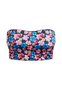 Bloemige bandeau-top in donkerblauw met een patroon van roze, rode en blauwe bloemen. Gemaakt van een gladde, rekbare stof. Geen banden.