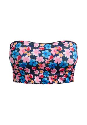 Floral bandeau top in dark navy with a pattern of pink, red, and blue flowers. Made from a smooth, stretchy fabric. No straps.