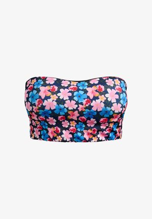 Blommig bandeau-top i mörk marinblått med ett mönster av rosa, röda och blå blommor. Tillverkad av ett mjukt, elastiskt tyg. Utan axelband.