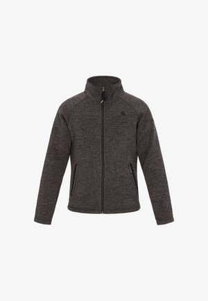 Grijze fleecejas met hoge kraag, volledige ritssluiting aan de voorkant en twee zijzakken. Heeft een gestructureerd patroon en contrasterende zwarte ritsen.